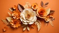 Generative AI, Paper cut craft flowers and leaves, apricot crush orange color, origami textured background