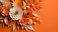 Generative AI, Paper cut craft flowers and leaves, apricot crush orange color, origami textured background