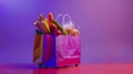 Generative AI Paper shopping bag full of products on wheels against violet background Order hurrying to client Foo