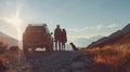 Generative AI Parents their daughter and dog near car in mountains space for text Family traveling with pet busine Royalty Free Stock Photo