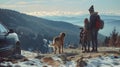 Generative AI Parents their daughter and dog near car in mountains space for text Family traveling with pet busine Royalty Free Stock Photo