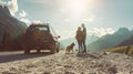 Generative AI Parents their daughter and dog near car in mountains space for text Family traveling with pet busine Royalty Free Stock Photo