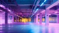 Generative AI Parking garage underground interior, neon lights in dark industrial building, modern public construc Royalty Free Stock Photo