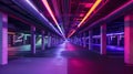 Generative AI Parking garage underground interior, neon lights in dark industrial building, modern public construc Royalty Free Stock Photo