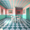 Generative AI: pastel fantasy room with blue and pink checkered floor