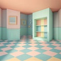 Generative AI: pastel fantasy room with blue and pink checkered floor