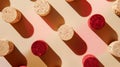 Generative AI Pattern with wine corks from white and red wine on beige pastel color background with hard light and Royalty Free Stock Photo