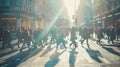Generative AI Pedestrian blur crowd of people walking in London city panoramic view of people crossing the street Royalty Free Stock Photo