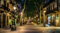 Generative AI Pedestrian street of European city at night Sant Adria de Besos Barcelona business concept.