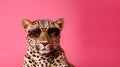 Generative AI People fashion style concept Confident stylish woman looks from sunglasses wears leopard shirt and j