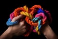 Generative AI, peoples hands working together to untangle a knotted rope.