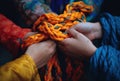 Generative AI, peoples hands working together to untangle a knotted rope.