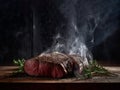 generative AI. Perfectly Cooked Beef Steak on Rustic Wooden Table