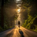 Generative AI. Person Riding Bicycle on Road With Trees in Background