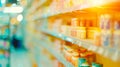 Generative AI pharmacy drugstore shelves interior blurred abstract background business concept. Royalty Free Stock Photo