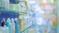 Generative AI pharmacy drugstore shelves interior blurred abstract background business concept. Royalty Free Stock Photo