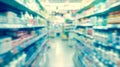 Generative AI pharmacy drugstore shelves interior blurred abstract background business concept. Royalty Free Stock Photo