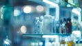 Generative AI Pharmacy interior blurred background Inside interior chemists shop blue color blurred background wit Royalty Free Stock Photo