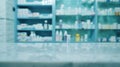 Generative AI pharmacy table counter with blur shelves of drug in the drugstore background For create montage medi Royalty Free Stock Photo