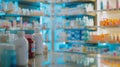 Generative AI pharmacy table counter with blur shelves of drug in the drugstore background For create montage medi Royalty Free Stock Photo