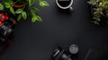 Generative AI Photographer work desk composition with camera lens plant and coffe mug Top view flat lay with copy Royalty Free Stock Photo