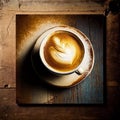 Generative AI picture of top view of cup of aromatic delicious cappuccino with latte art served on wooden board on table