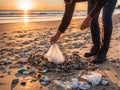 Picking up trash in the beach with sunset background Royalty Free Stock Photo