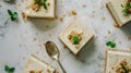 Generative AI Pieces of tasty vegan tofu cheesecake and spoons on white table flat lay business concept.