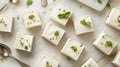 Generative AI Pieces of tasty vegan tofu cheesecake and spoons on white table flat lay business concept.
