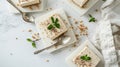 Generative AI Pieces of tasty vegan tofu cheesecake and spoons on white table flat lay business concept.