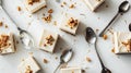 Generative AI Pieces of tasty vegan tofu cheesecake and spoons on white table flat lay business concept.