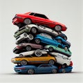 Generative AI of a pile of cars isolated on a white background Royalty Free Stock Photo