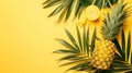 Generative AI Pineapple and tropical palm leaves on yellow background Top view Summer concept Creative flat lay wi Royalty Free Stock Photo