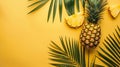 Generative AI Pineapple and tropical palm leaves on yellow background Top view Summer concept Creative flat lay wi Royalty Free Stock Photo