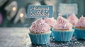 Generative AI Pink and blue birthday cupcakes with happy birthday sign and confetti business concept. Royalty Free Stock Photo