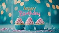 Generative AI Pink and blue birthday cupcakes with happy birthday sign and confetti business concept. Royalty Free Stock Photo