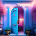 Generative AI: pink and blue fantasy door illustration background