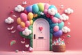 Generative AI of pink door with colorful balloons, candies, rainbow and heart shape on pink background