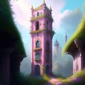 Generative AI: Pink fantasy tower for a princess in a children`s tale