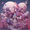 Generative AI: Pink Hot Air Balloon With Flowers And Fantasy Landscape
