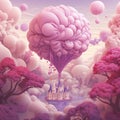 Generative AI: Pink Hot Air Balloon With Flowers And Fantasy Landscape