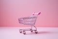 Generative AI, pink shopping cart on pink background, minimalistic shop online, free delivery, discounts