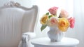 Generative AI Pink and yellow roses in Modern white vase on white table beside classic armchair business concept. Royalty Free Stock Photo