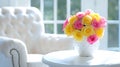 Generative AI Pink and yellow roses in Modern white vase on white table beside classic armchair business concept. Royalty Free Stock Photo