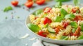 Generative AI Plate and bowl with tasty pasta salad and ingredients on light background business concept. Royalty Free Stock Photo