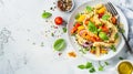 Generative AI Plate and bowl with tasty pasta salad and ingredients on light background business concept. Royalty Free Stock Photo