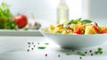 Generative AI Plate and bowl with tasty pasta salad and ingredients on light background business concept. Royalty Free Stock Photo