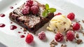 Generative AI Plate with raspberry chocolate brownie and icecream on white background business concept. Royalty Free Stock Photo