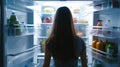 Generative AI Point of view POV inside refrigerator Caucasian girl hungry woman open fridge at home kitchen look a Royalty Free Stock Photo