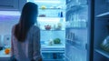 Generative AI Point of view POV inside refrigerator Caucasian girl hungry woman open fridge at home kitchen look a Royalty Free Stock Photo